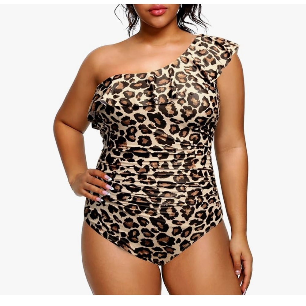 Aqua Eve Plus Size Bathing Suits One Piece, One Shoulder Ruffle Tummy Control - Picture 3 of 8